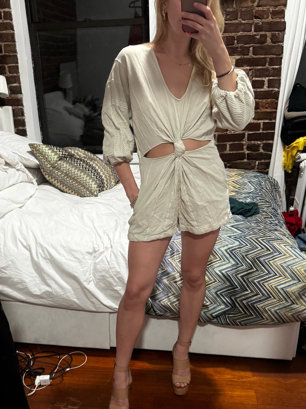 Free People Cream Knot-Front Cutout Romper
